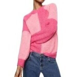 Mango Pink and Red Colorblock Crew Neck Sweater